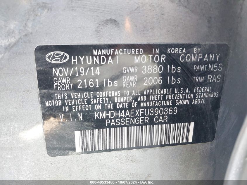 KMHDH4AEXFU390369 2015 Hyundai Elantra Limited