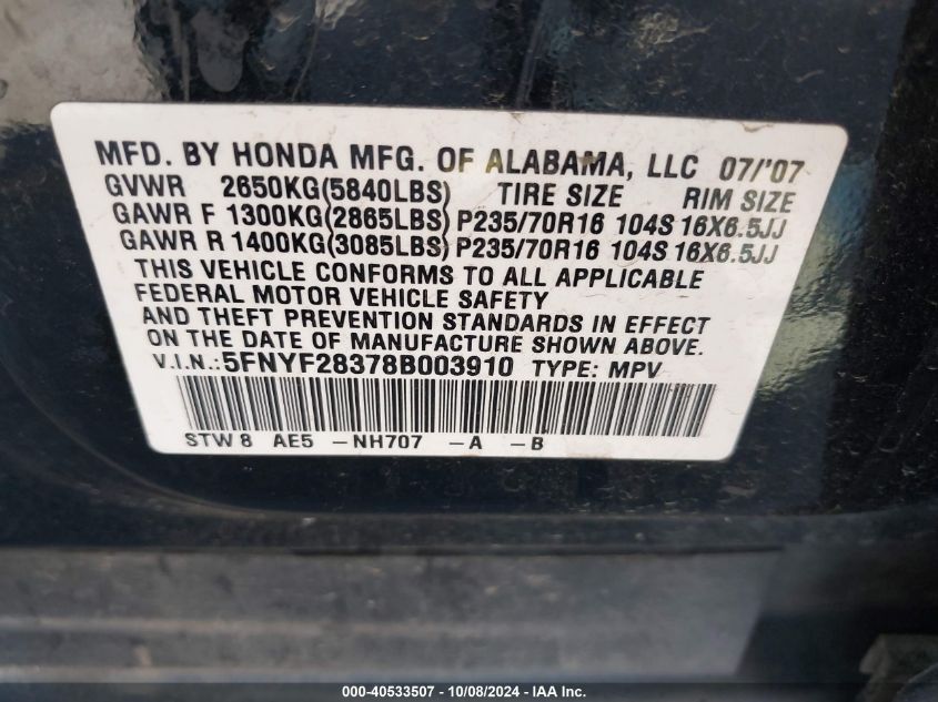 2008 Honda Pilot Se VIN: 5FNYF28378B003910 Lot: 40533507