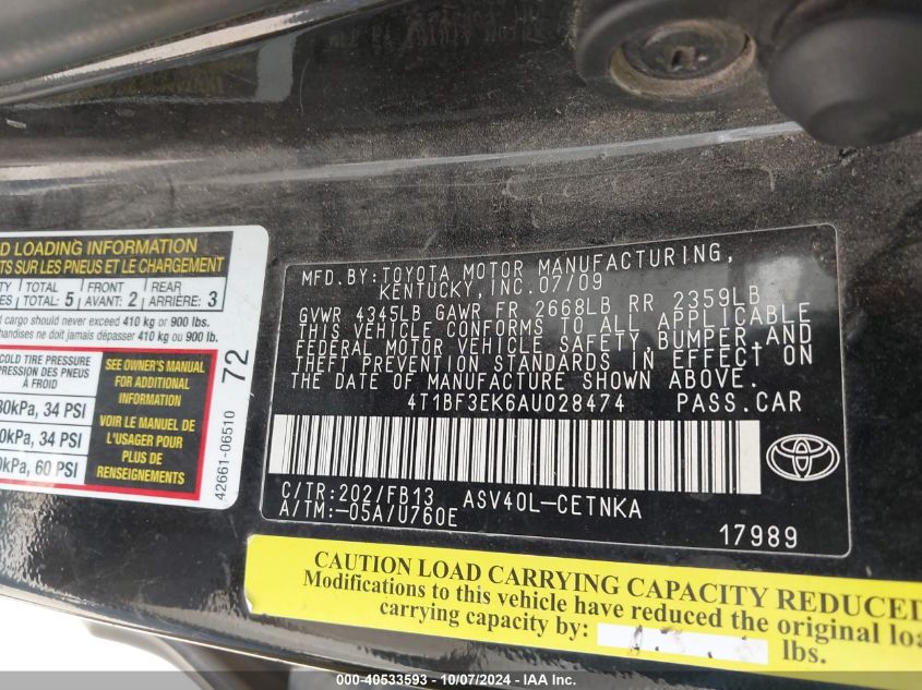 4T1BF3EK6AU028474 2010 Toyota Camry Se/Le/Xle