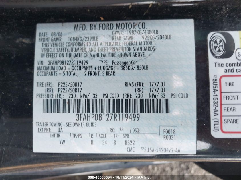 3FAHP08127R119499 2007 Ford Fusion Sel