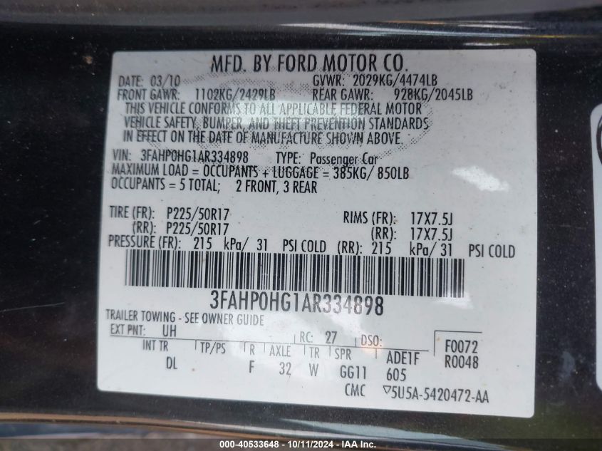 3FAHP0HG1AR334898 2010 Ford Fusion Se