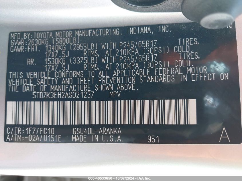 5TDZK3EH2AS021237 2010 Toyota Highlander Base V6