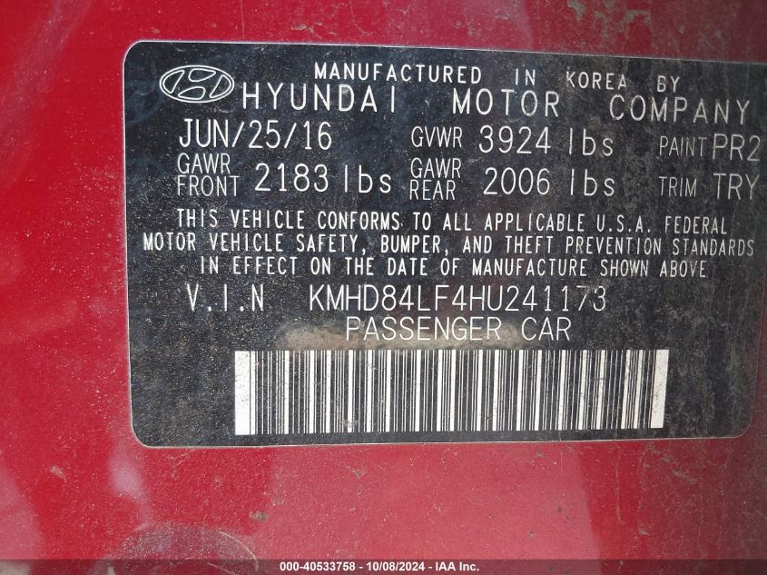 KMHD84LF4HU241173 2017 Hyundai Elantra Se/Value/Limited