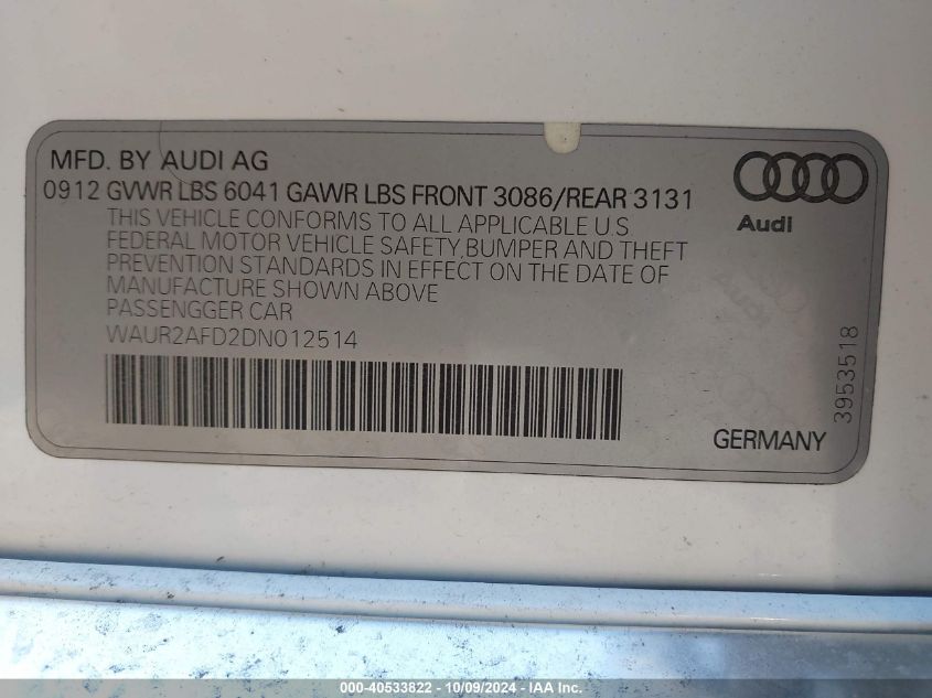 2013 Audi A8 L 4.0T VIN: WAUR2AFD2DN012514 Lot: 40533822