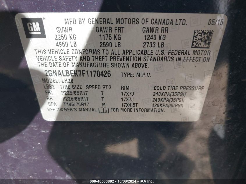 2GNALBEK7F1170426 2015 Chevrolet Equinox Lt