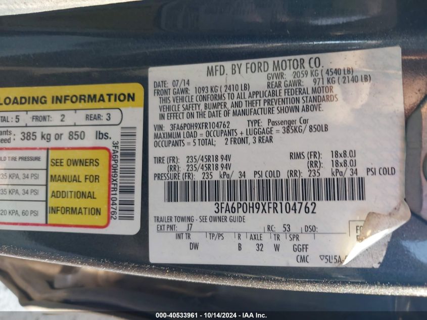 VIN 3FA6P0H9XFR104762 2015 FORD FUSION no.9