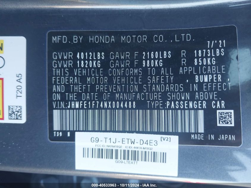 JHMFE1F74NX004488 2022 Honda Civic Ex