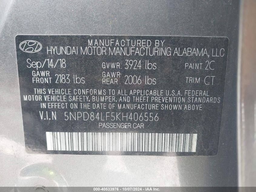 5NPD84LF5KH406556 2019 Hyundai Elantra Sel