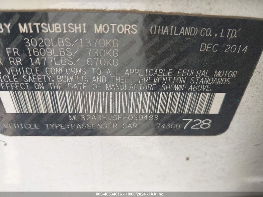 ML32A3HJ6FH039483 2015 Mitsubishi Mirage De