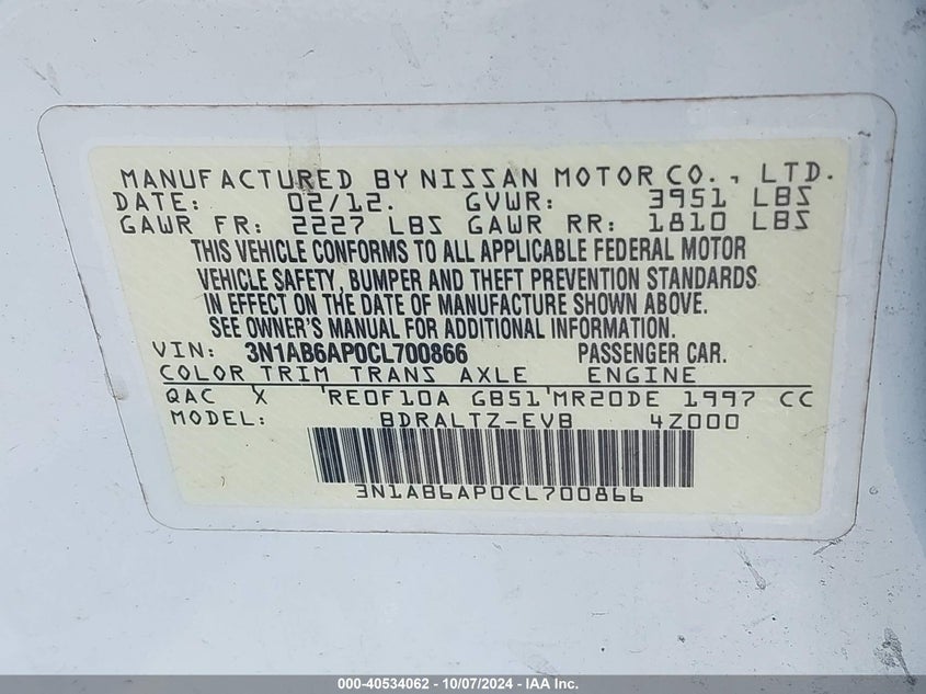 3N1AB6AP0CL700866 2012 Nissan Sentra 2.0 Sr