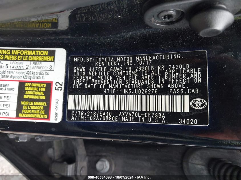 4T1B11HK5JU026276 2018 Toyota Camry L/Le/Xle/Se/Xse