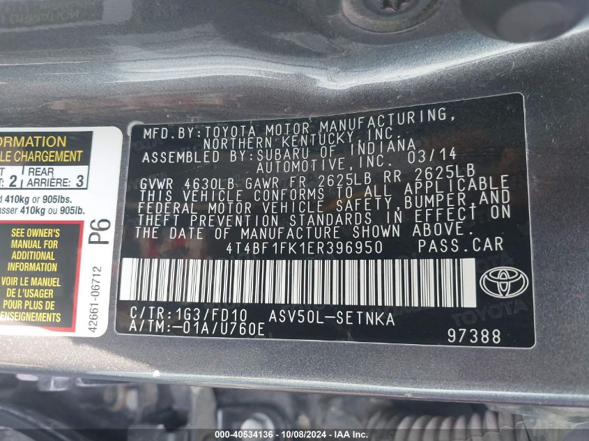 4T4BF1FK1ER396950 2014 Toyota Camry Le