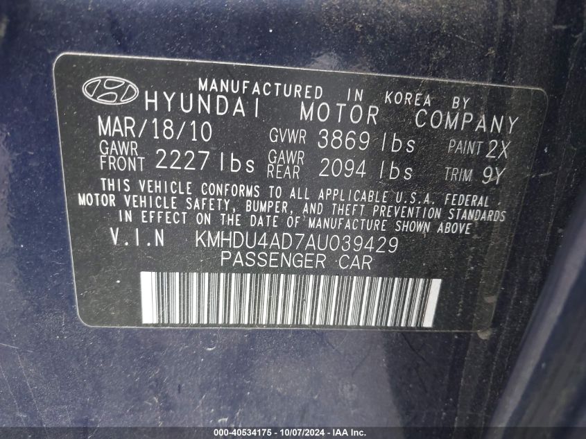 KMHDU4AD7AU039429 2010 Hyundai Elantra Gls