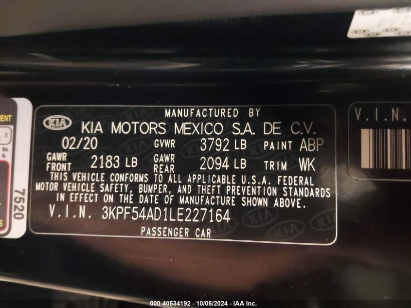 2020 Kia Forte Ex VIN: 3KPF54AD1LE227164 Lot: 40534192