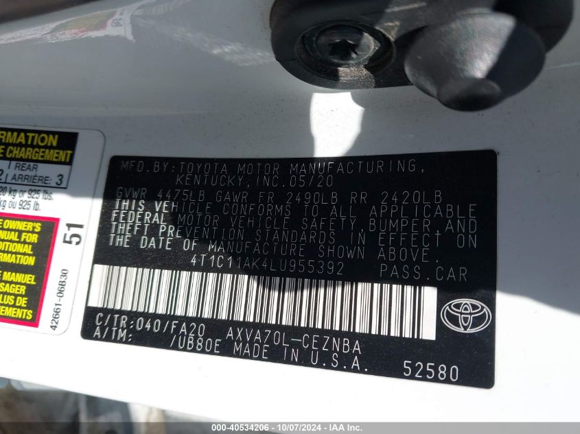 4T1C11AK4LU955392 2020 Toyota Camry Le