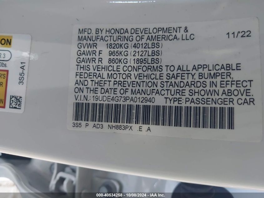 2023 Acura Integra A-Spec W/ Technology VIN: 19UDE4G73PA012940 Lot: 40534258