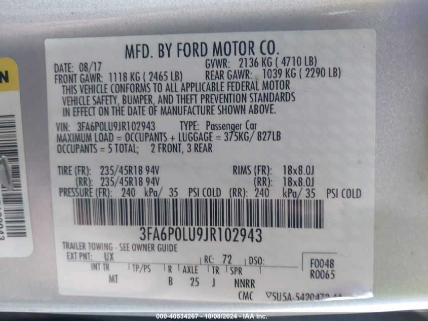 3FA6P0LU9JR102943 2018 Ford Fusion Hybrid Se