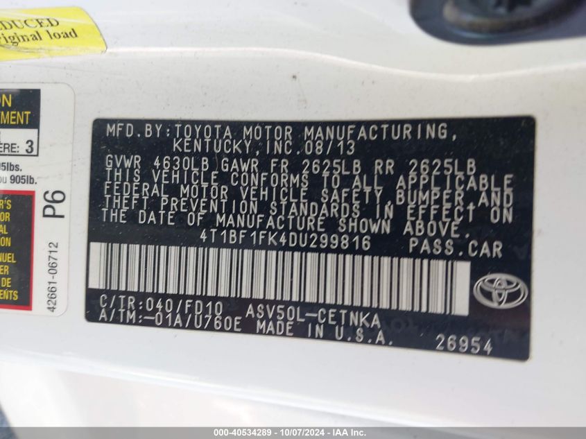 4T1BF1FK4DU299816 2013 Toyota Camry L/Se/Le/Xle