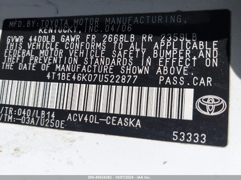 4T1BE46K07U522877 2007 Toyota Camry Se