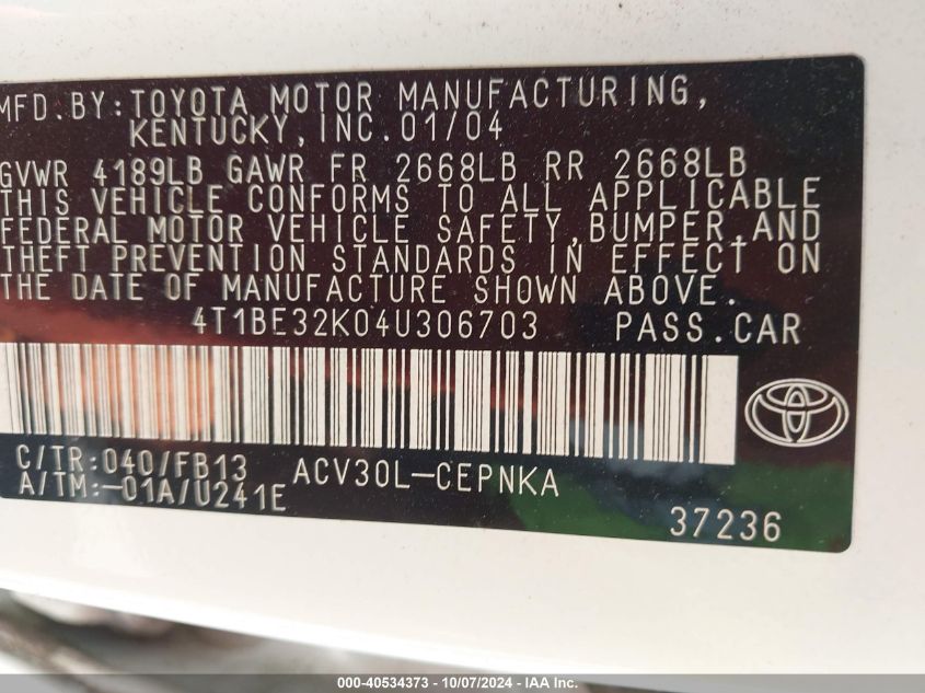 4T1BE32K04U306703 2004 Toyota Camry Le