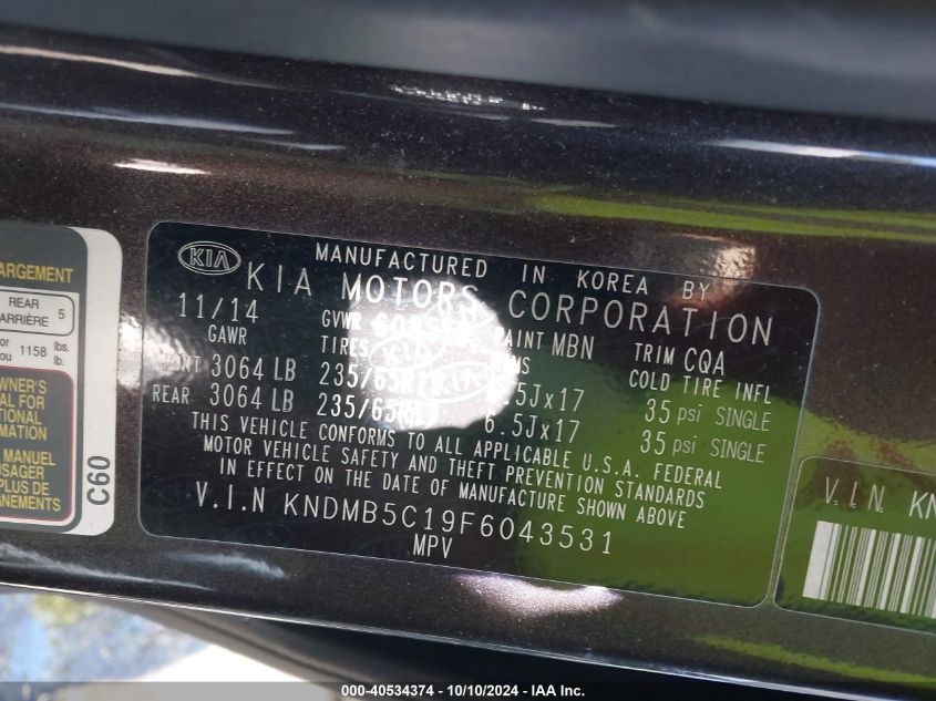 KNDMB5C19F6043531 2015 Kia Sedona Lx