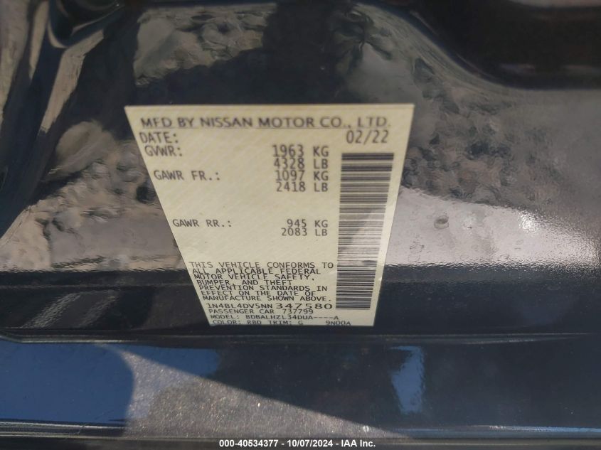 1N4BL4DV5NN347580 2022 Nissan Altima Sv