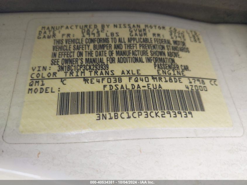 3N1BC1CP3CK293939 2012 Nissan Versa 1.8 S