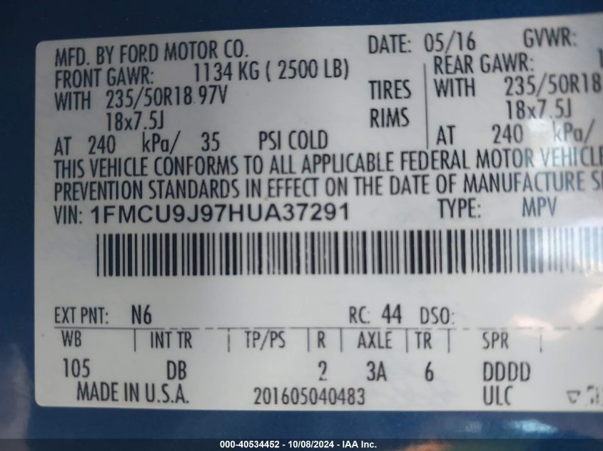 2017 Ford Escape Titanium VIN: 1FMCU9J97HUA37291 Lot: 40534452