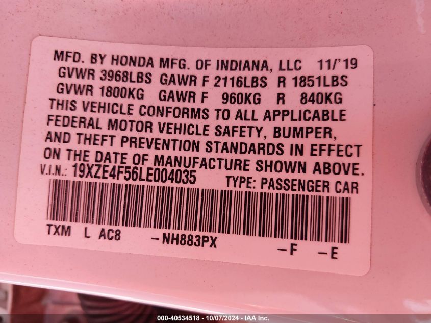 2020 Honda Insight Ex VIN: 19XZE4F56LE004035 Lot: 40534518