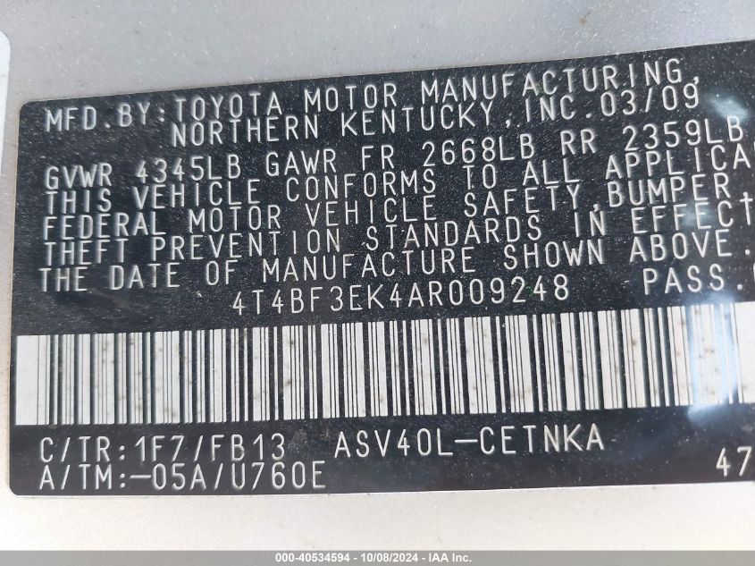 4T4BF3EK4AR009248 2010 Toyota Camry Se/Le/Xle