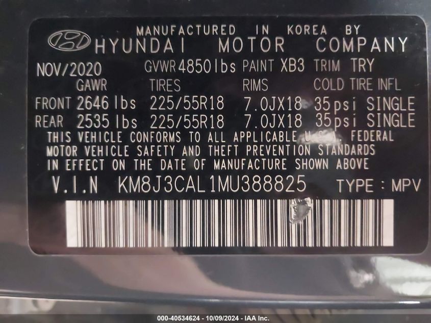 2021 Hyundai Tucson Limited/Sel/Sport/Ultimat VIN: KM8J3CAL1MU388825 Lot: 40534624