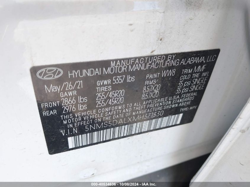 2021 Hyundai Santa Fe Calligraphy VIN: 5NMS5DALXMH371330 Lot: 40534636