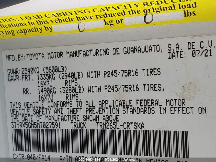 2021 Toyota Tacoma Sr VIN: 3TYRX5GN5MT027591 Lot: 40534635