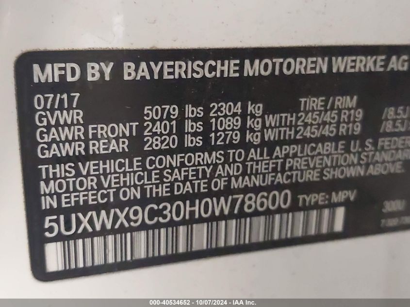 2017 BMW X3 XDRIVE28I - 5UXWX9C30H0W78600