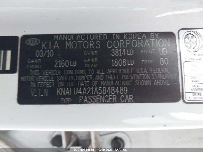 KNAFU4A21A5848489 2010 Kia Forte Ex