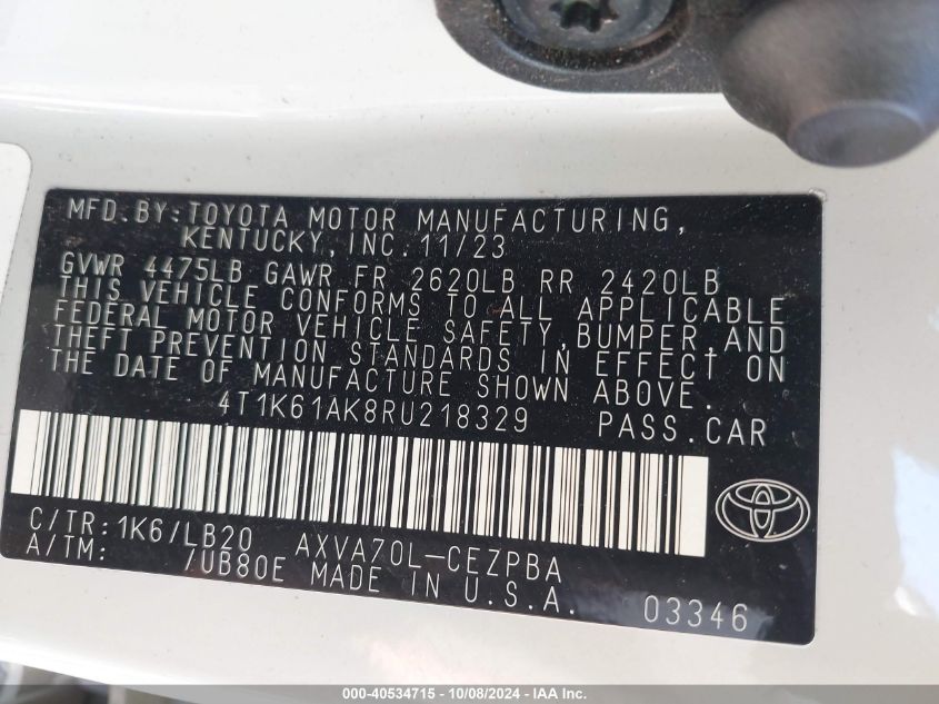 4T1K61AK8RU218329 2024 Toyota Camry Xse