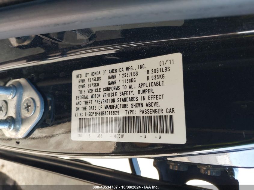 1HGCP3F89BA016929 2011 Honda Accord Exl