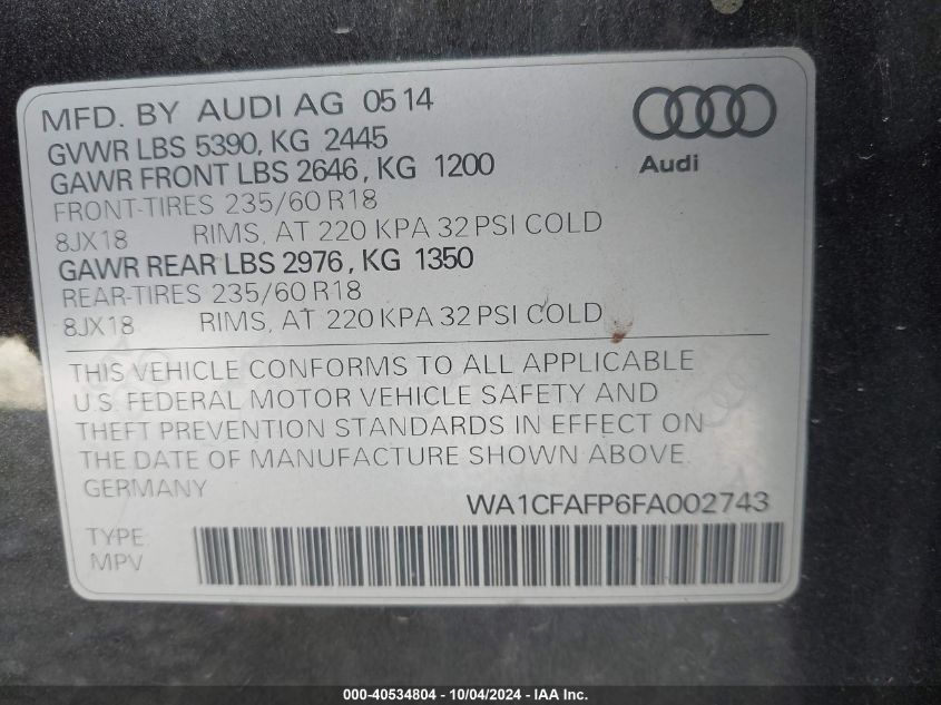 WA1CFAFP6FA002743 2015 Audi Q5 2.0T Premium