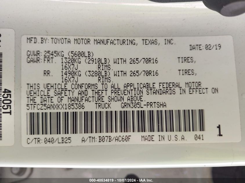 5TFCZ5ANXKX185386 2019 Toyota Tacoma Trd Pro