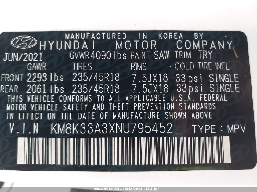 2022 Hyundai Kona N Line VIN: KM8K33A3XNU795452 Lot: 40534854