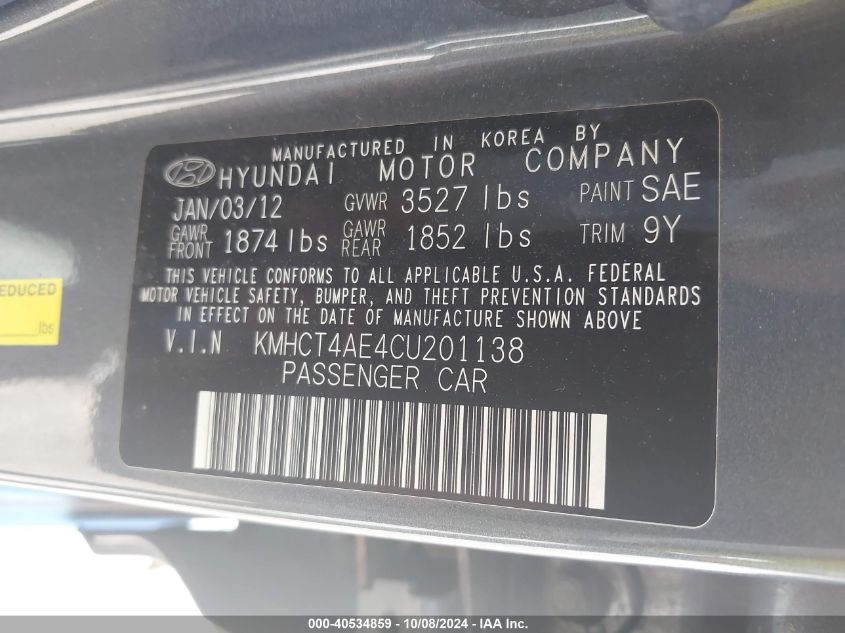 KMHCT4AE4CU201138 2012 Hyundai Accent Gls/Gs