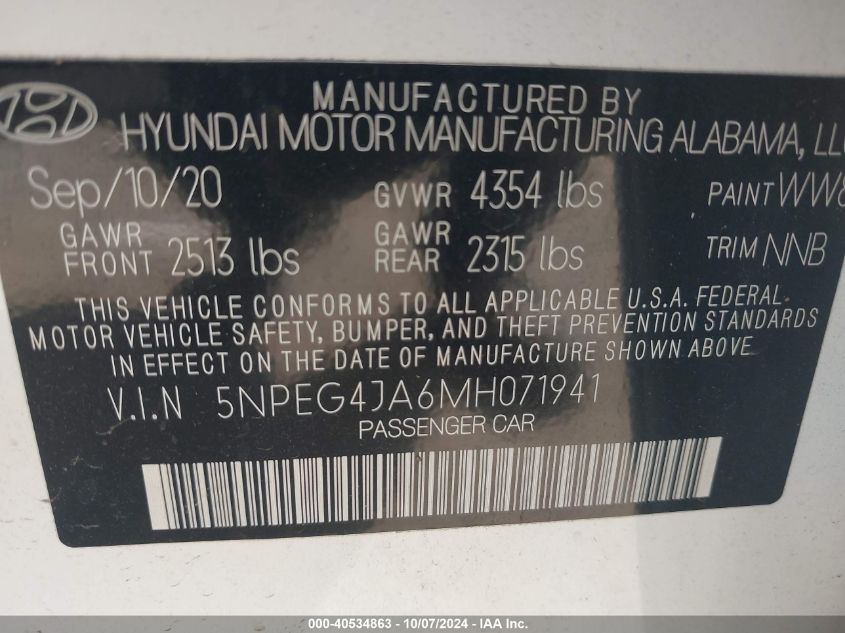 2021 Hyundai Sonata Se VIN: 5NPEG4JA6MH071941 Lot: 40534863