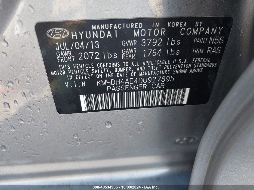 KMHDH4AE4DU927895 2013 Hyundai Elantra Gls