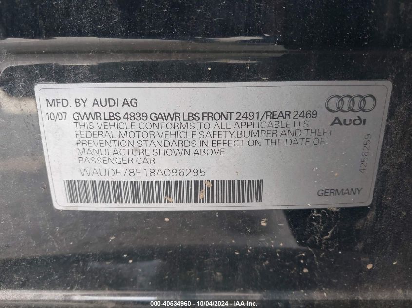 2008 Audi A4 2.0T VIN: WAUDF78E18A096295 Lot: 40534960