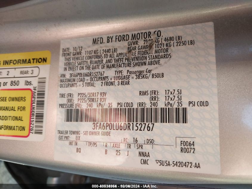 3FA6P0LU6DR152767 2013 Ford Fusion Hybrid Se