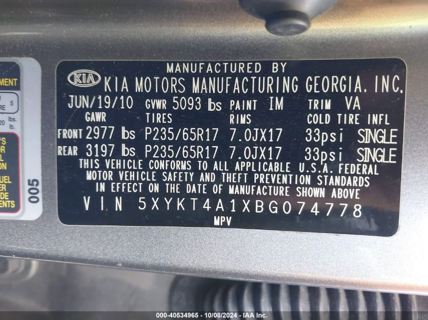 5XYKT4A1XBG074778 2011 Kia Sorento Lx