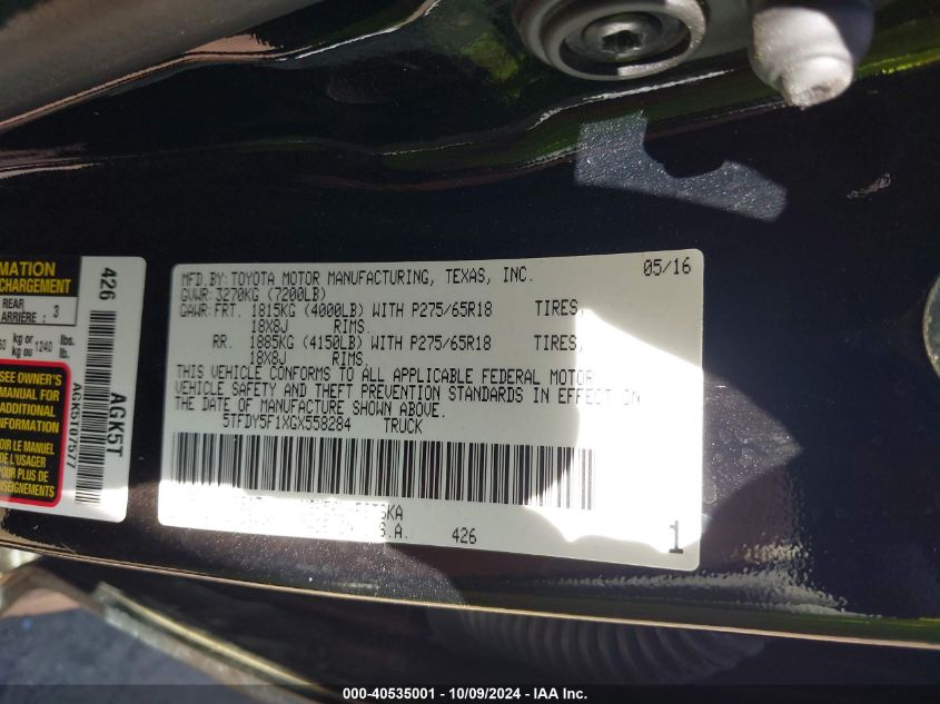 5TFDY5F1XGX558284 2016 Toyota Tundra Sr5 5.7L V8