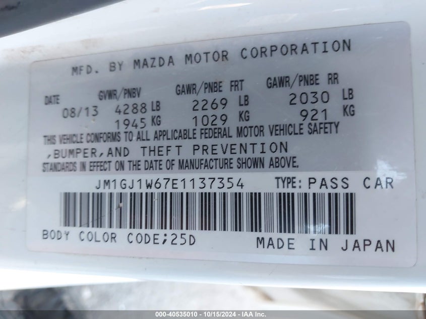 2014 MAZDA MAZDA6 VIN: JM1GJ1W67E1137354