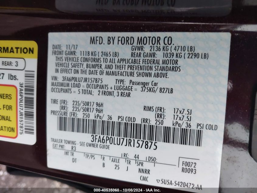 3FA6P0LU7JR157875 2018 Ford Fusion Hybrid Se