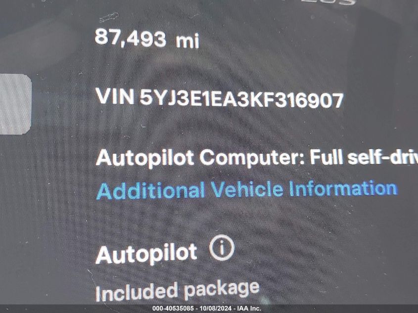 2019 Tesla Model 3 Long Range/Mid Range/Standard Range/Standard Range Plus VIN: 5YJ3E1EA3KF316907 Lot: 40535085